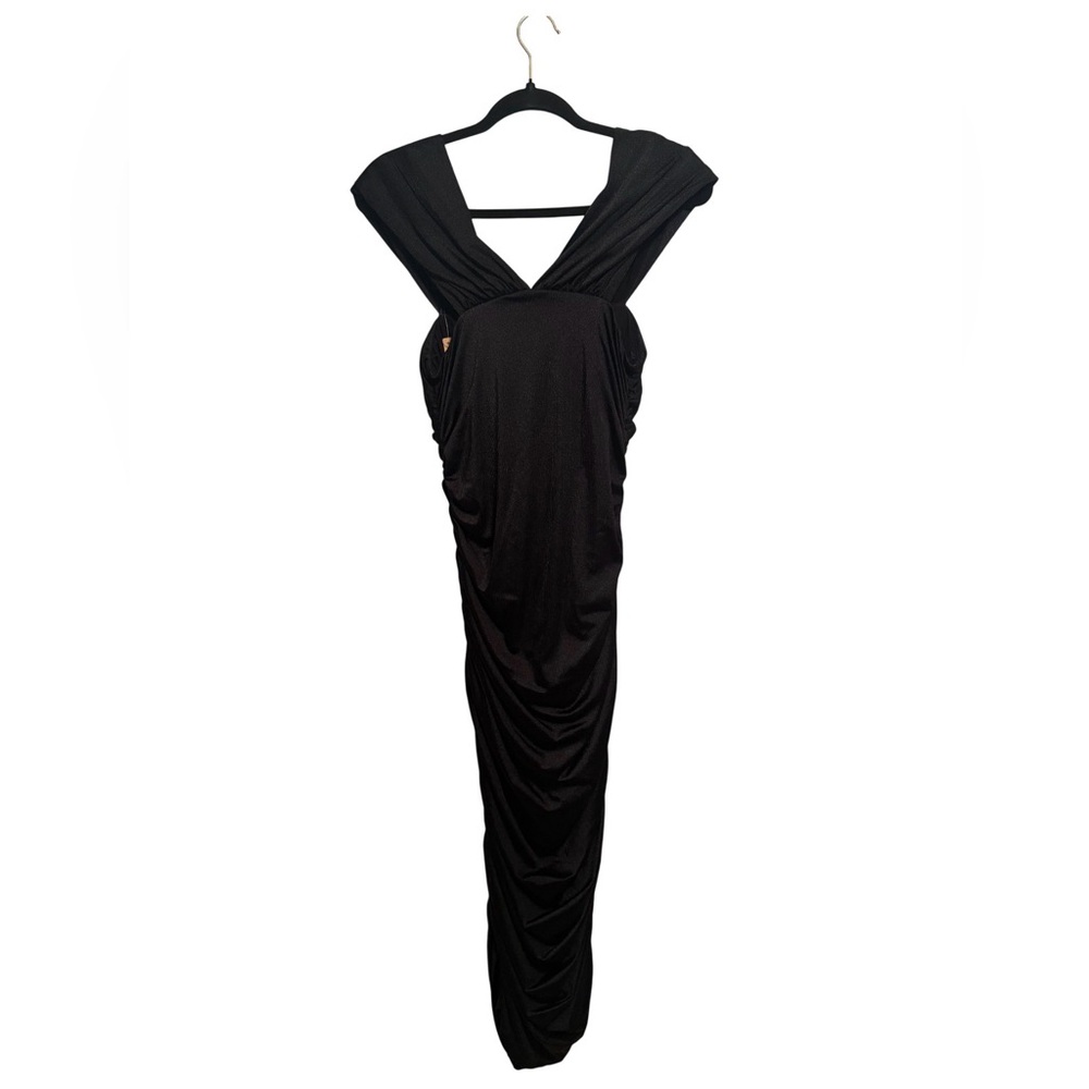 NEW Popilush Black Shapewear Off-Shoulder Ruched Shine Sculpting Midi Dress Lg - Picture 3 of 8